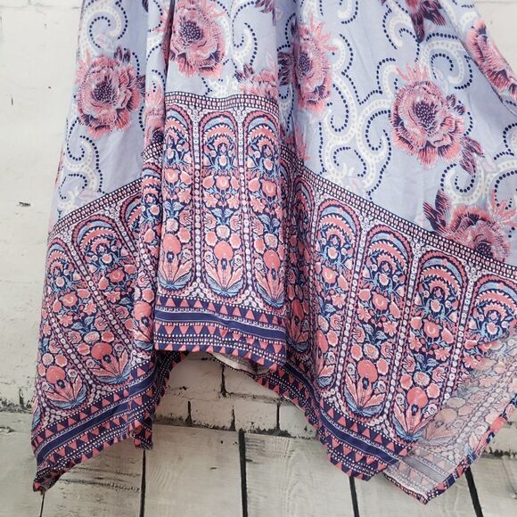 Japana Seersucker Handkerchief Hem Sun Dress Size XS Blue Floral Spaghetti Strap - Picture 3 of 6